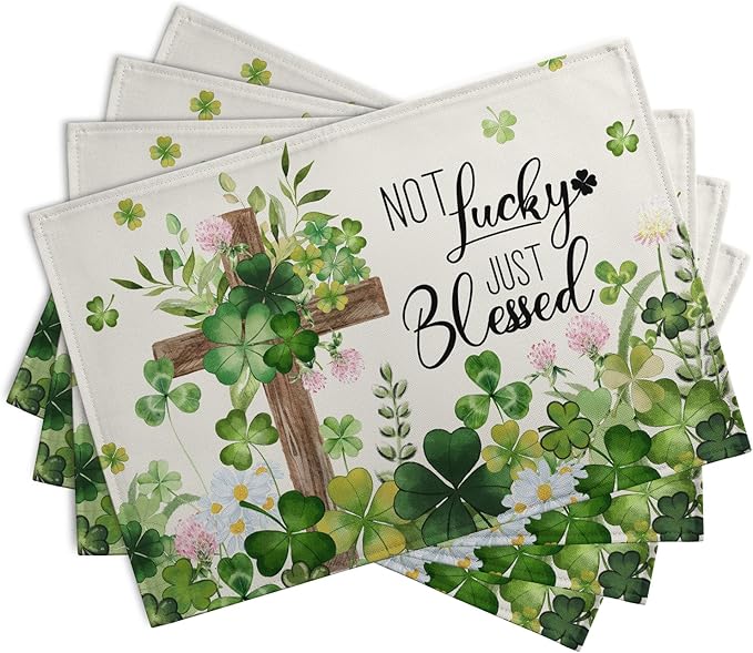 St Patricks Placemats Set of 4 St. Patrick's Day Cross Shamrocks Clover Linen Table Mats 12x18 Inch Spring Heat Resistant Washable Place Mat for Kitchen Dining Home Party Decor