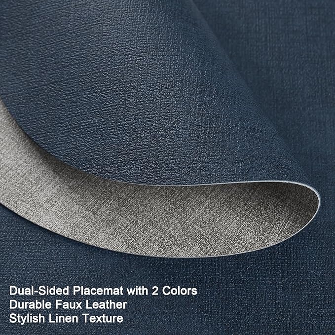 Placemats and Coasters, Washable Reversible Placemats Round Faux Leather Wipeable Place Mats Non Slip Heat Resistant Indoor Outdoor Table Mats (Set of 6, Gray Blue)