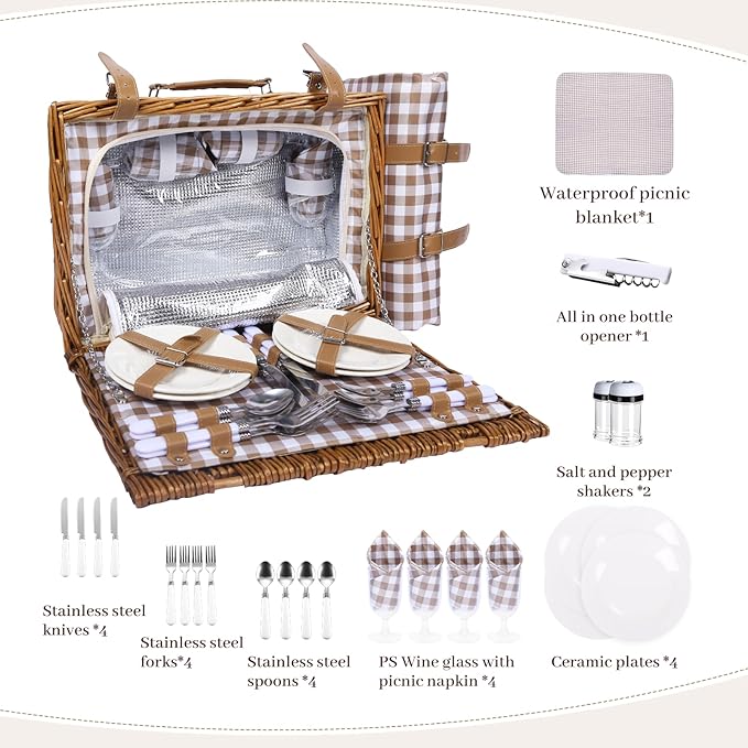 Neti Neti Wicker Picnic Basket for 4 with Insulated Cooler & Waterproof Blanket – Large Willow Picnic Hamper for Outdoor, Camping, Beach, Romantic Dates, Valentine’s Day
