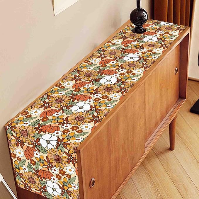 70s Floral Table Runner, Retro Groovy Hippie Oange Floral Funky Daisy Trippy Coffee Table Center Decor for Home Kitchen Dining Patio Holiday Party Indoor Outdoor Table Decorations, 13"x108" Inch