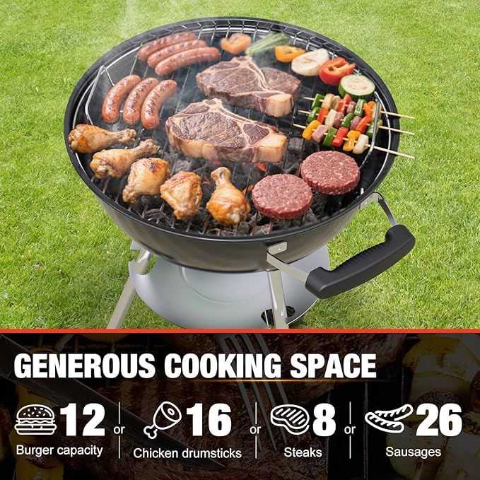 18 inch Charcoal Grill, Portable Kettle BBQ Grills, Perfect BBQ Gift, Durable & Easy to Assemble, Round Barbecue Grill with Wheels and Lid for Outdoor Cooking, Patio and Beach, Black