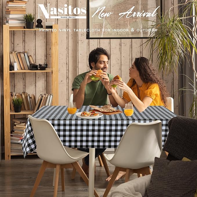 Nasitos 2 Pack Rectangle Vinyl Table Cloth with Flannel Backing 60x120 Inch-Waterproof Outdoor Picnic Tablecloth Checkered, Wipeable Plastic Black and White Table Cover for Dinner Party, Kitchen