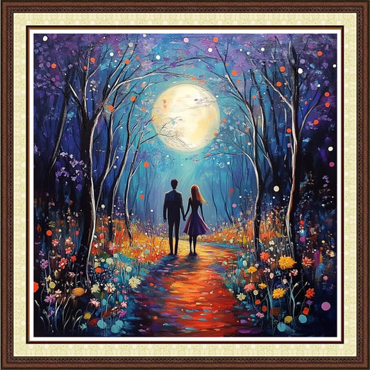Findvoor Counted Cross Stitch Kits for Adults Full Range of Cross Stitching Embroidery Unprinted Pattern for Beginners, 11CT Needlepoint Kit Patterns Embroidery Kits-Couple Under Moonlight 18x18 inch