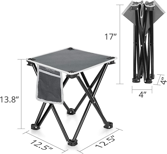 Triple Tree 1 Pack Folding Camping Stool, 13.8 Inch Small Portable Lightweight Stool with Side Pocket, Foot Stool with Carry Bag for Hiking, Fishing and Beach, Hold up to 400lbs, Grey