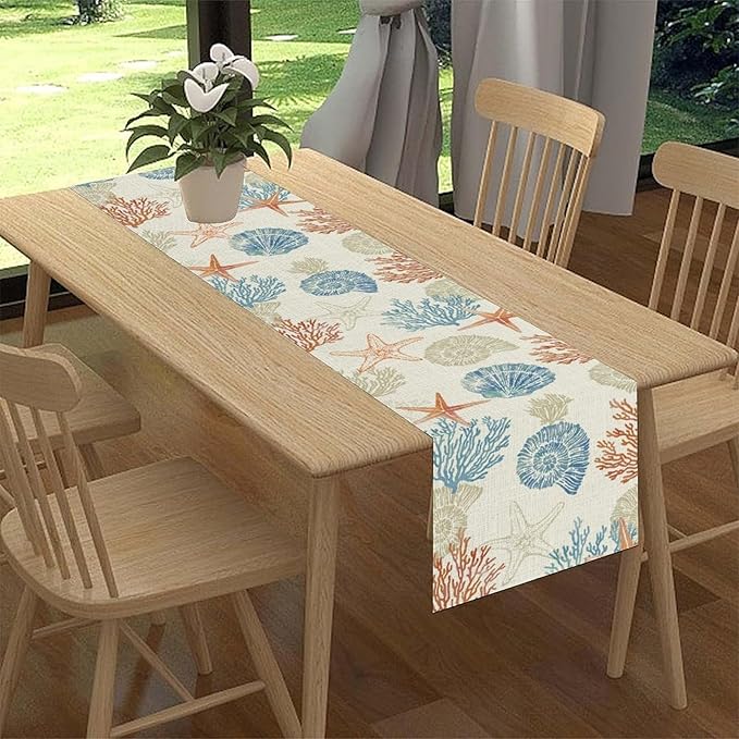 Coastal Table Runner, Rustic Farmhouse Nautical Starfish Seashells Coral Tropical Ocean Beach Blue Summer Coffee Table Center Decor for Home Kitchen Dining Indoor Outdoor Table Decorations, 13"x72"