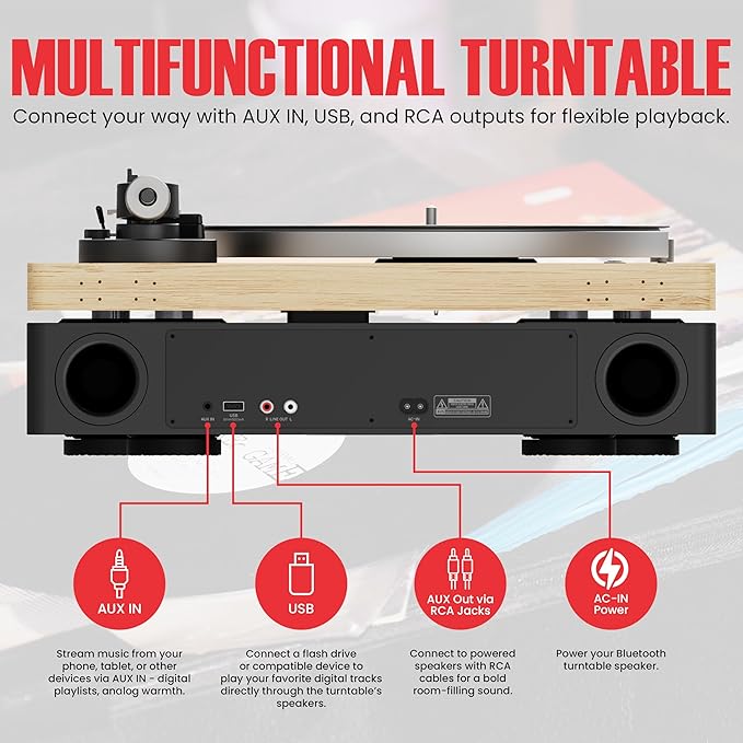 AudioSource Vinyl Record Player, Bluetooth Turntable with 2.1 Channel Speaker, 120W, Built-in Subwoofer, High Fidelity 2-Speed Belt Drive, Patented Speaker Isolation Design, AT33