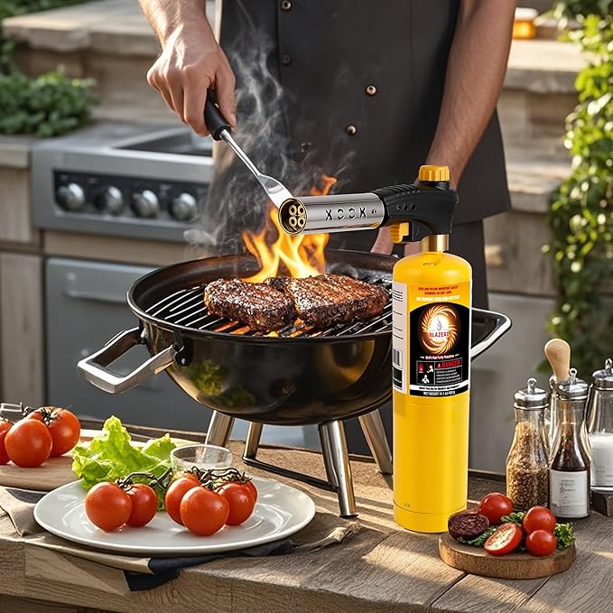 BLAZEAL Propane Torch Kit with 3x MAPP Gas,4-Flame Blow Torch Head with Propane Tank Base for MAP Gas,Work in All Angle,Trigger Start Torch Gun for Welding Brazing Soldering Grill Camping Cooking Food