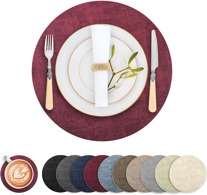 Round Faux Leather Placemats and Coasters, Set of 8, Reversible Heat Resistant Non-Slip Table Mats, Waterproof Wipeable Place Mats for Dining Table, Washable for Indoor & Outdoor (8, Red)