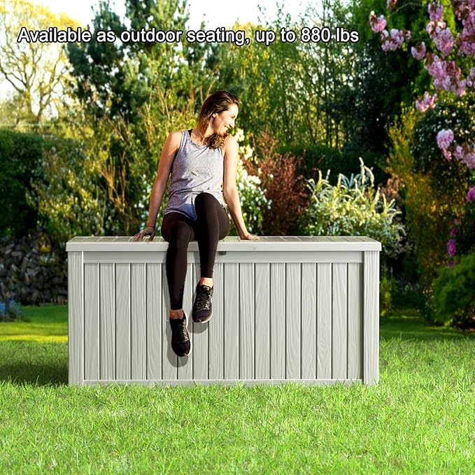 180 Gallon Resin Deck Box, Lockable Patio Outdoor Storage Box for Furniture, Garden Tools and Tools Storage, Waterproof Outside Storage Boxes - Grey