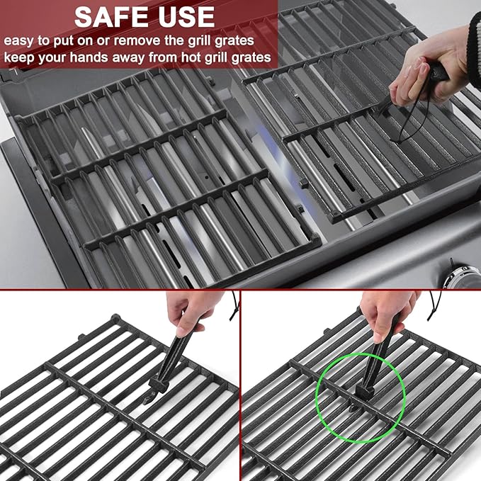 GasSaf 19.5" Grill Grates and Cooking Grate Lifter for Weber Genesis 300, Replacement Parts for Genesis E310 E320 E330 EP310 EP320 EP330 S310 S320 S330 Grills, Cast Iron BBQ Parts for Weber 7524 7528