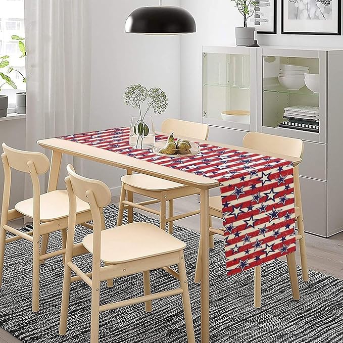4th of July Table Runner, Vintage American Independence Day Stripes and Stars Patriotic Table Center Decor for Home Kitchen Dining Party Outdoor Holiday 13x60in