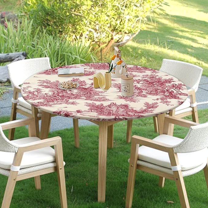 French Country Round Fitted Tablecloth with Elastic Vintage Red Circle Table Cloth for 48-52" Round Tables Wipeable Waterproof Rustic Burgundy Pink Village Table Cover for Dining Patio Picnic Decor