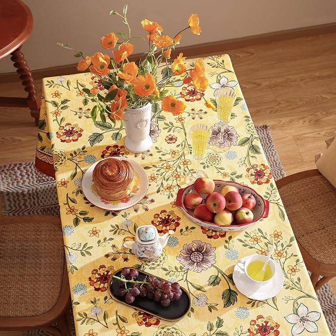 Vintage Linen Small Tablecloth for Rectangle Table,Yellow Floral French Wrinkle Free Tablecloths,Decorative Table Cover for Kitchen,Dining,Thanksgiving,Farmhouse,55" × 71"-Bellano