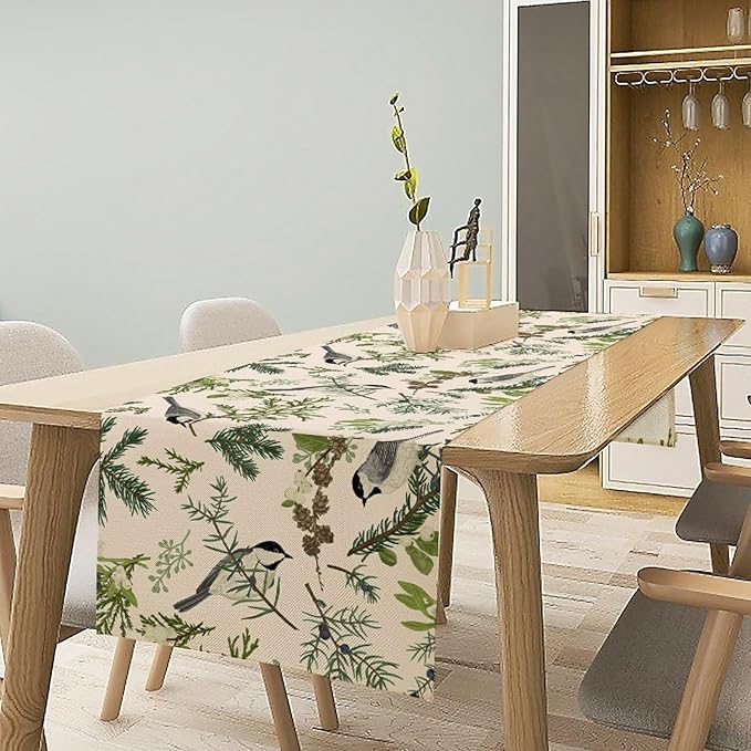 Bird Spring Table Runner,Vintage Watercolor Perching Birds Green Pine Branches Table Runner for Kitchen Dining Table Holiday Indoor Outdoor Home Party Decor 13x60in