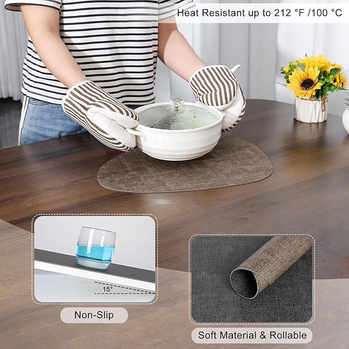 Placemats and Coasters, Washable Reversible Placemats Round Faux Leather Wipeable Place Mats Non Slip Heat Resistant Indoor Outdoor Table Mats (Set of 6, Gray Brown)