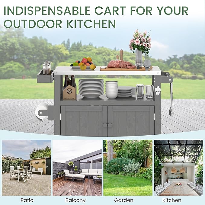 Weatherproof HIPS Outdoor Kitchen Island with Stainless Steel Top & Storage Cabinet, Movable Prep Table with Wheels for BBQ Food Prep, Outdoor Grill Cart for Parties, Grey