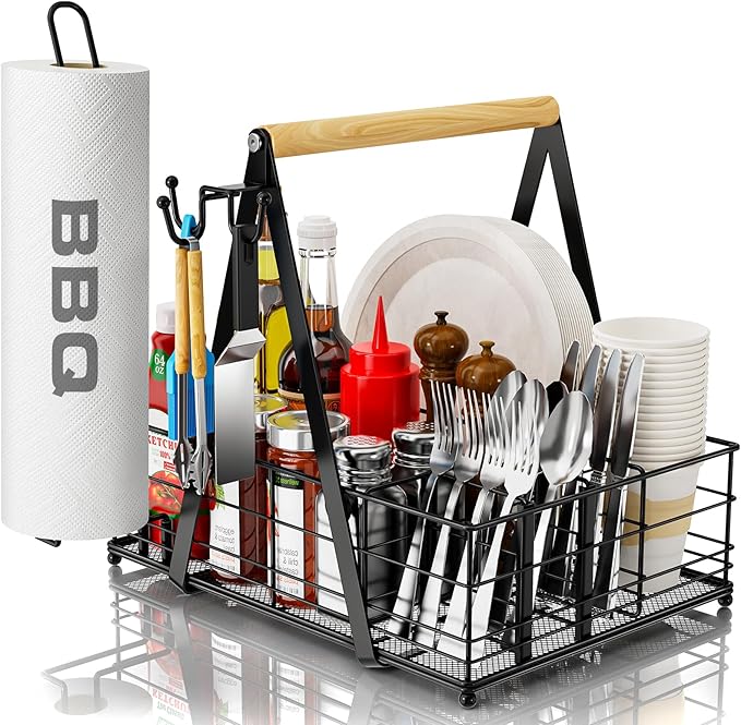 Grill Caddy with Paper Towel Holder, Picnic BBQ Condiment Utensil Organizer Caddy for Camping, Rv, Camping Accessories, Camping Essential, Camper Must Haves, Barbecue Tool Sets