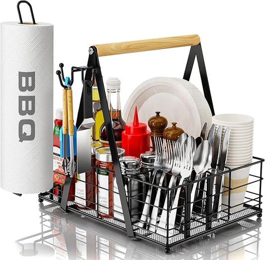 Grill Caddy with Paper Towel Holder, Picnic BBQ Condiment Utensil Organizer Caddy for Camping, Rv, Camping Accessories, Camping Essential, Camper Must Haves, Barbecue Tool Sets