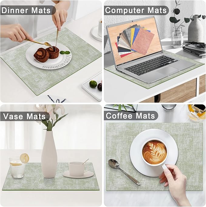 Homaxy Faux Leather Heat Resistant Placemats for Dining Table Set of 6, Waterproof Wipeable Washable PU Table Mats, Easy to Clean Anti-Slip Place Mats, 11.8" x 17", Grass Green