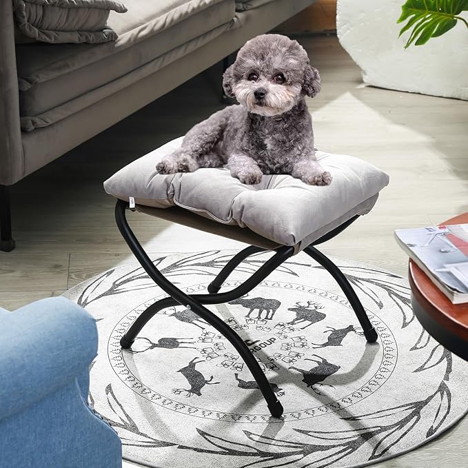 15" Foldable Foot Stool Ottoman with Metal Frame - Washable Light Grey Upholstered Indoor/Outdoor Footrest for Living Room, Bedroom, Patio - Space-Saving Compact Design