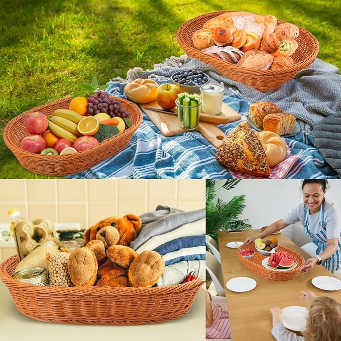 4 Pack 15.7 Inch Oval Poly Wicker Baskets, Plastic Oval Wicker Baskets, Rustic, Durable & Easy-Cleaning Wicker Bread Basket, for Home, Restaurant & Hotel Use, Brown