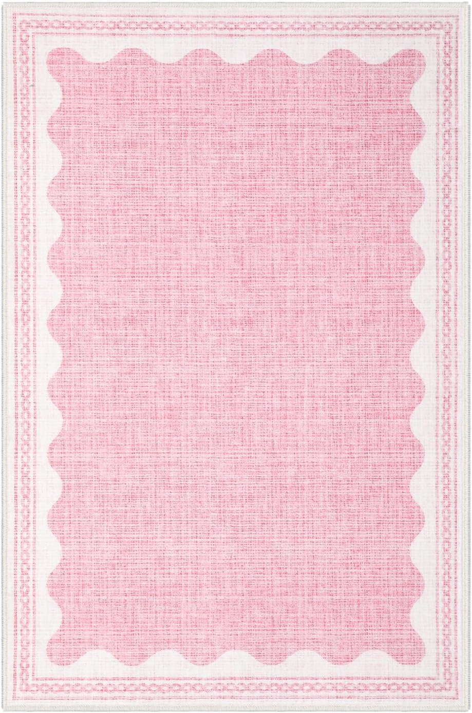 Scalloped Rug 2x3 Rugs for Entryway, Solid Pink Rug for Bedroom Girls, Small Washable Rugs Non Slip Scalloped Bath Mat, Front Door Mat Indoor Entrance, Soft Dorm Nursery Carpet for Kitchen