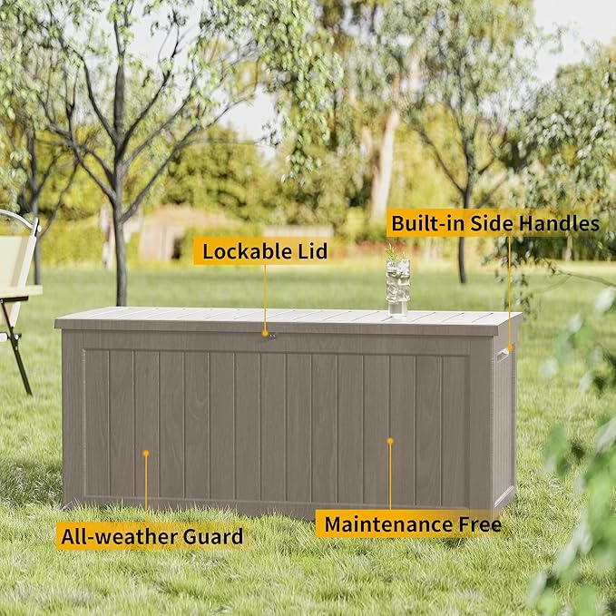 270 Gallon Resin Deck Box, Waterproof Outdoor Storage Box for Patio Furniture Cushions, Garden Tools, and Pool Accessories, Large Lockable UV-Resistant Storage Bin Bench Cabinet for Outside, Grey