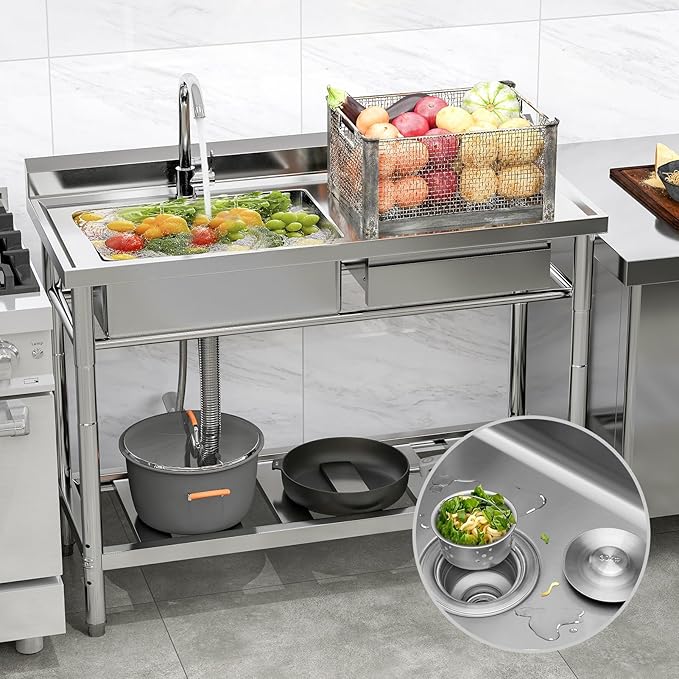 Stainless Steel Utility Sink, 47.2'' Free Standing Single Bowl Kitchen Sink with Cold and Hot Water Pipe, Right Drawer, Indoor and Outdoor for Laundry Room Farmhouse Kitchen(47.2 inch)
