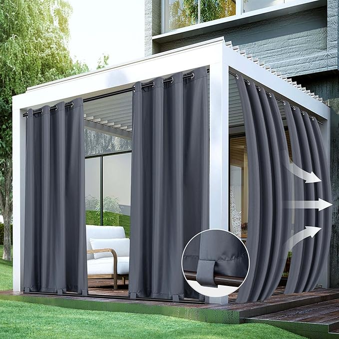HolidayIdeas Patio Curtains Outdoor Waterproof-4 Panels 54x84 Inch-Windproof Weatherproof Privacy Grey Outside Curtains-Grommet Top and Tab Bottom Drape for Gazebo, Porch, Pergola, Cabana, Backyard