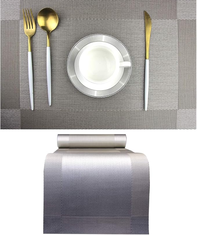 PIGCHCY Elegant Placemats with Matching Table Runner,Washable Placemats Crosswoven Vinyl Table mats Sets(6pcs Round Placemats+1pcs Table Runner,Grey Silver)