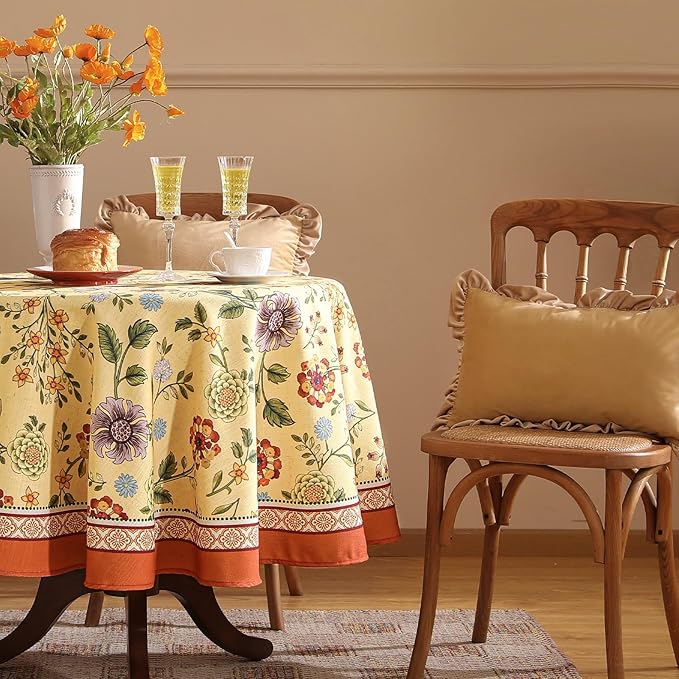 Vintage Linen Tablecloth for Round Table,Yellow Floral French Wrinkle Free Tablecloths,Decorative Table Cover for Kitchen,Dining,Thanksgiving,Party,Farmhouse,Diameter 67"-Bellano