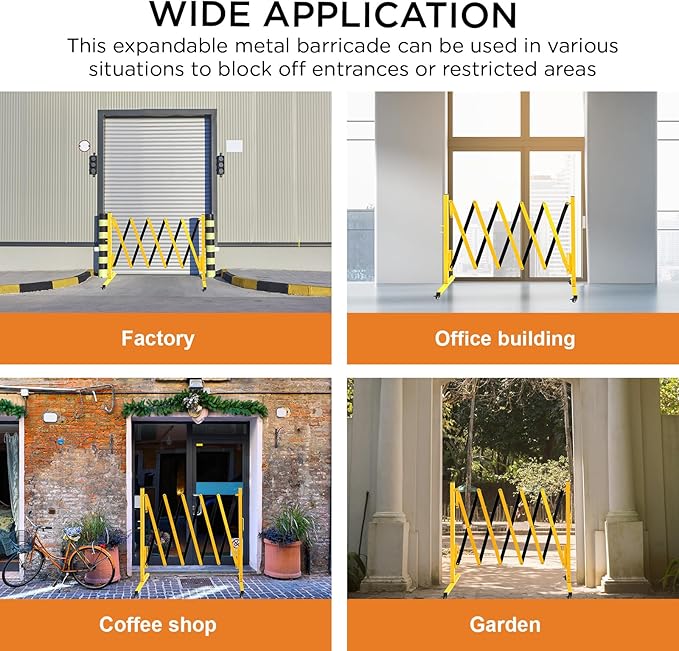 TECSPACE Industrial Expandable Metal Barricade, Expansion Size 8.2 FT, Yellow and Black, Durable Steel Safety Barricade with casters, Flexible Mobile Barrier Gate, Adjustable Traffic Fence