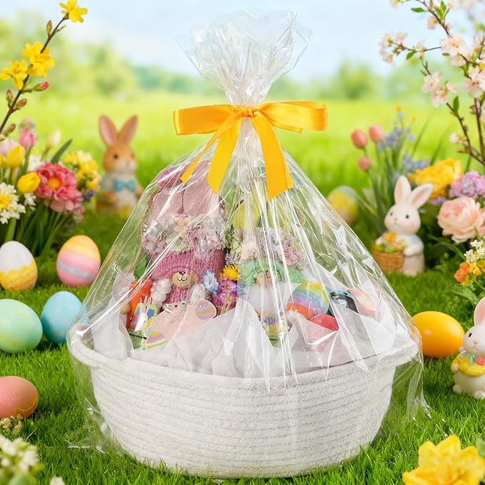 Baskets for Gifts Empty with Bag Card Ribbon Tissue Paper Small Woven Basket Gift Baskets with Handles for Valentine's Day New Year Baby Shower (White 12"X 8" X 5")