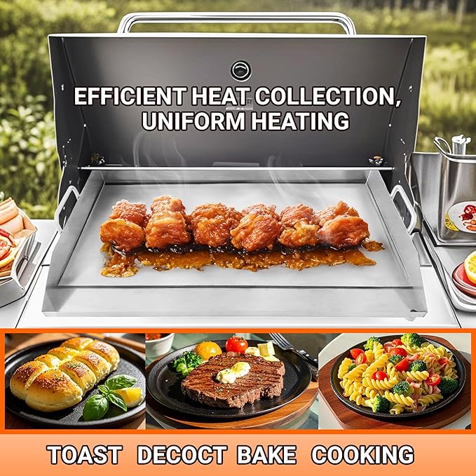 Vivicreate Stainless Steel Outdoor Griddle for Gas & Charcoal Grills, 38 lbs Flat Top Grill Plate with Grease Groove & Handles, Extra-Large BBQ Insert for Garden, Patio & Camping 31”x17”