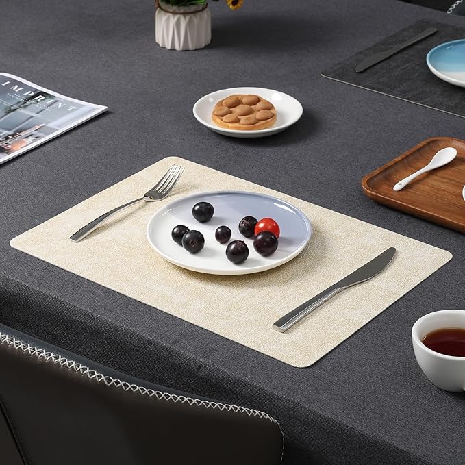 Myir JUN Dual Sided Faux Leather Placemats Set of 6 Indoor/Outdoor Square Non-Slip Washable Table Mats (Gray Cream-White)