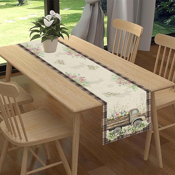 Easter Truck Table Runner,Rustic Brown Plaid Eggs Floral Bunny Spring Summer Holiday Table Center Decor for Family Kitchen and Living Room Outdoor Farmhouse Party Table Decorations, 13"x90"