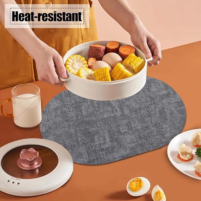 Oval Waterproof Placemats Set of 6,Black Faux Leather Placemat Non Slip Reversible,Heat Resistant Wipeable Table Placemats for Dining Table,Modern Table Protectors