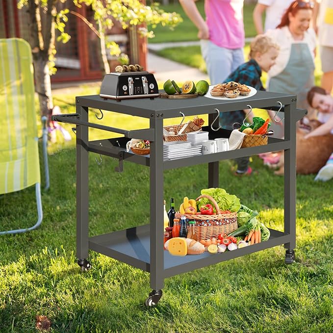 Domi 3-Tier Outdoor BBQ Grill Cart with Lockable Wheels | Portable Pizza Oven Stand & Food Prep Station | Compatible with Blackstone Griddle & Propane Tanks | All-Weather Patio Cooking cente