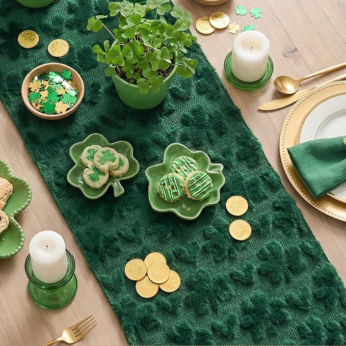 Artoid Mode Green Soft Plush Faux Fur Jacquard Heart Clover St. Patrick's Day Table Runner, Seasonal Kitchen Dining Table Decoration for Home Party Decor 13x120 Inch