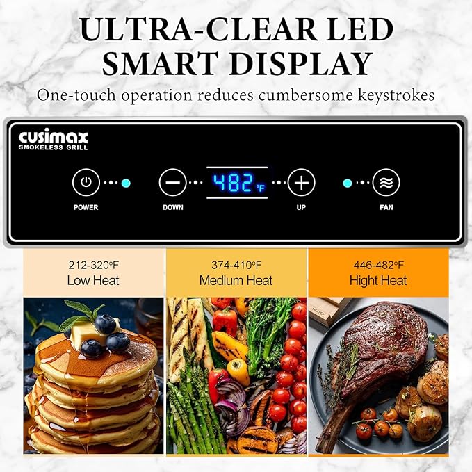 Indoor Grill, CUSIMAX Electric Smokeless Grill & Griddle with REPLACEABLE Smoke Filter Sponge, 1500W Korean BBQ Grill, Smart LED Display, Larger Grilling Area, Black(New Model)