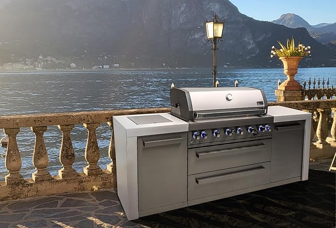Mont Alpi 805 MAi805-D 6-Burner 115000 BTU Stainless Steel Outdoor Kitchen Island BBQ Gas Grill + 2 Infrared Side Burners Granite Countertops, Storage Drawers & Cabinets, Rotisserie Kit, Weather Cover