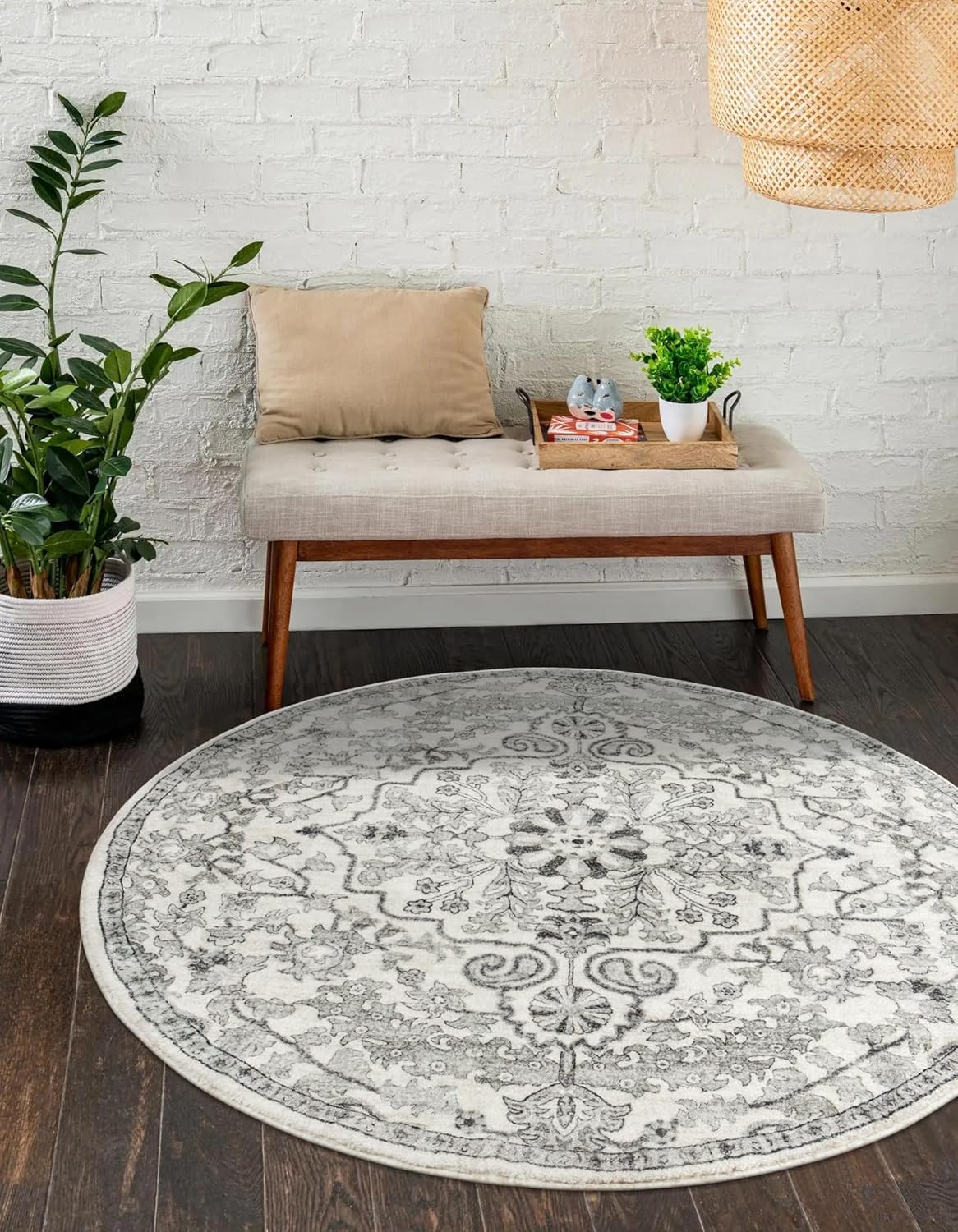 Lahome Round Rug 5'3"Ft, Soft Rugs for Living Room Machine Washable Rugs for Bedroom, Bohemian Medallion Non-Slip Non-Shedding Print Indoor Carpet for Entryway Bathroom Coffee Table, Beige