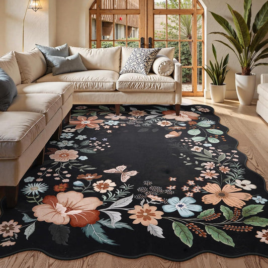 Beeiva Washable Rugs 8x10 for Living Room - Scalloped Floral Printed Soft Non Slip 8 x 10 Area Rug for Dining Room Boho Flower Ultra-Thin Aesthetic Carpet for Kids Room Dorm Office(Black,8x10ft)