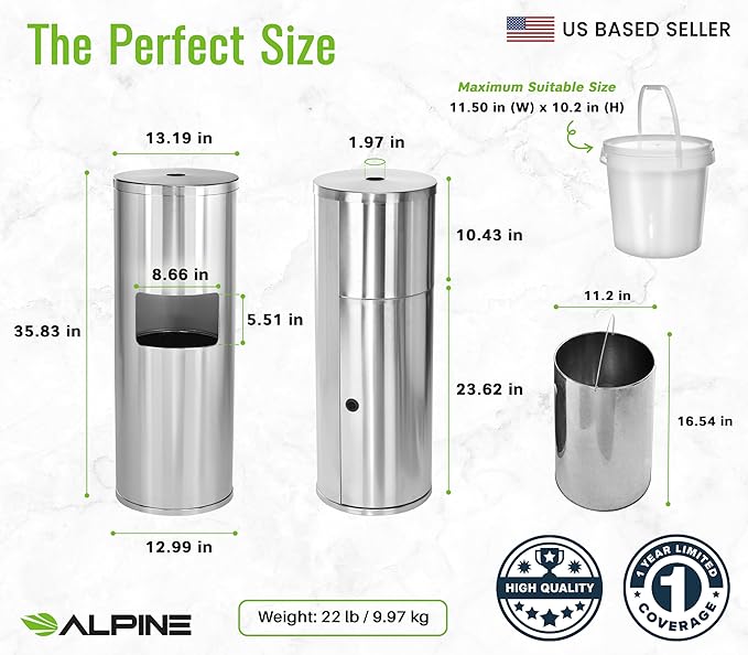 Alpine Stainless Steel Disinfecting Wipes Dispenser Floor Stand - Large Capacity Gym Wipes Dispenser with Trash Can, Smudge Resistant Coating Sanitizing Stand - Disinfectant Wipes Container Included