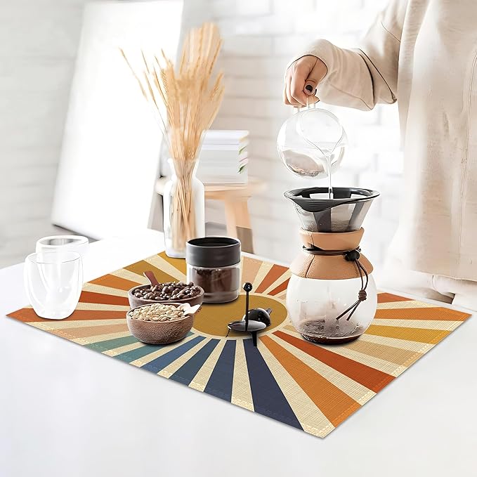 Placemats Set of 6,Vintage Boho Sun Table Mats,Sunrise Sunshine Washable Linen Table Mats,Non-Slip Heat Resistant Placemats for Party Kitchen Dining Indoor Outdoor 12"x18"