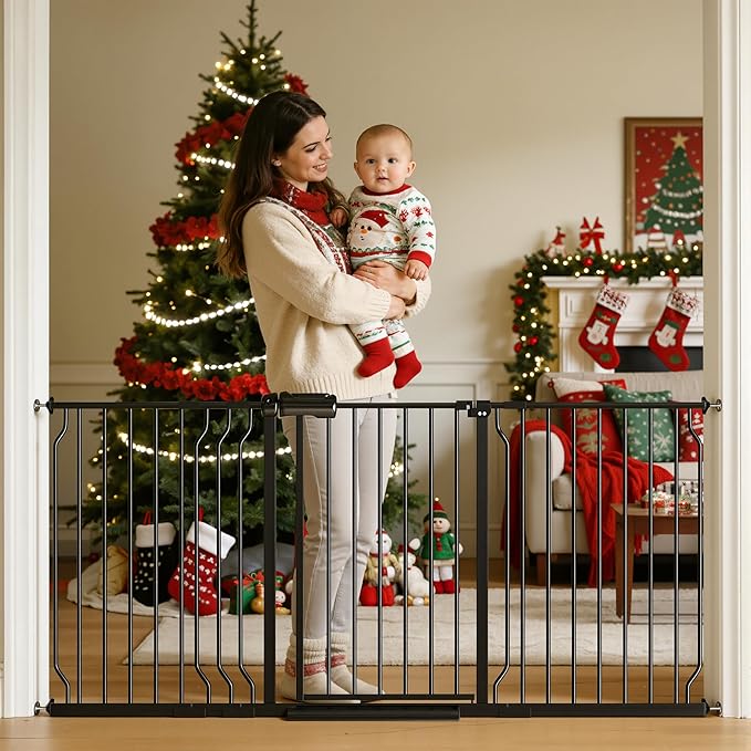TSAYAWA 62.2"-71.65" Extra Wide Auto Closing Baby Safety Gate for Stairs & Doorways, Pressure Mounted No Drill Pet Gate with Walk-Through Door - Heavy Duty Childproof Gate for Toddlers, Kids, Dogs
