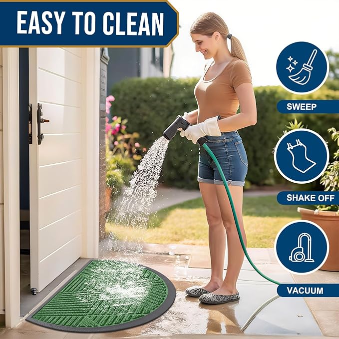 Smiry Half Circle Front Door Mat Outside Entrance, Heavy Duty Sturdy Natural Rubber Doormat, Trap Dirt and Moisture, Low Profile Mats for Indoor Outdoor Entry, Irregular Triangle (36x24, Green)