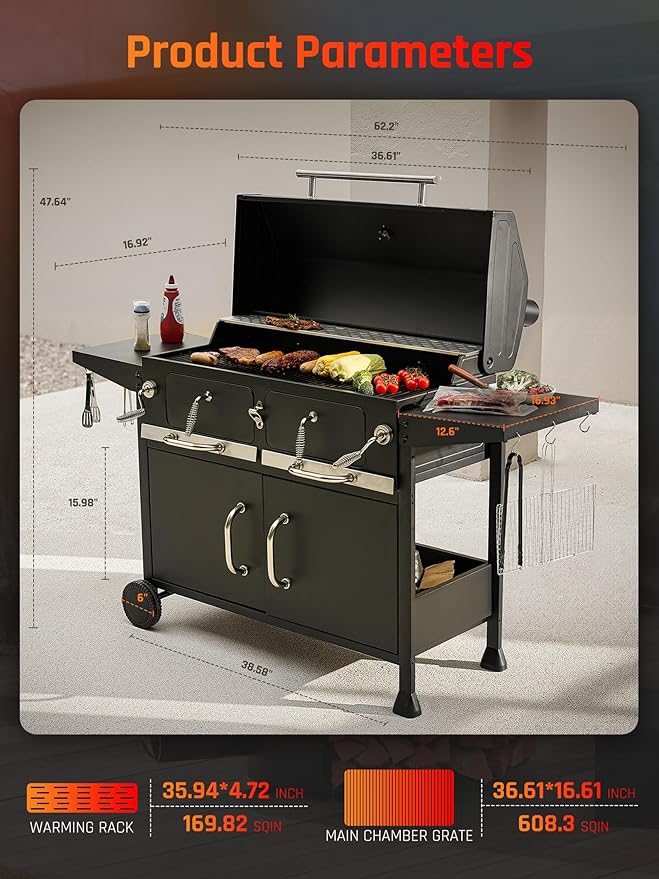 NATURAL EXPRESSIONS Charcoal Grills BBQ grill,36 in Large Smoker Grill with Dual-Zone Lifting Trays,Portable Charcoal Grill with Foldable Side Tables,Large Outdoor Grill for Camping,BBQ,Party,Picnic
