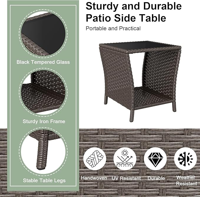 kinbor Outdoor Wicker Side Table - Tempered Glass Top Small Outdoor Table with Storage Shelf for Patio, Balcony & Porch, Durable PE Rattan & Iron Frame