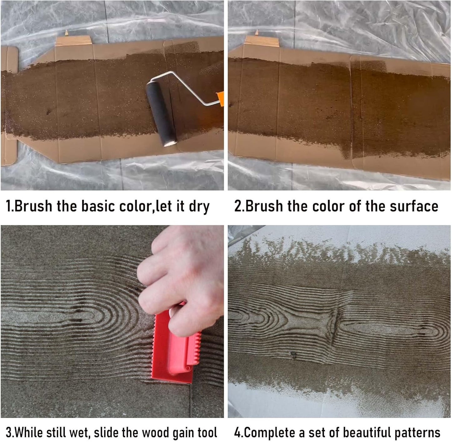 4-Pack Wood Grain Tool, Wood Graining Roller Painting Tool with Handle, Rubber Empaistic Wood Texture Painting Tool Set for DIY Wall Room Art Paint Decoration